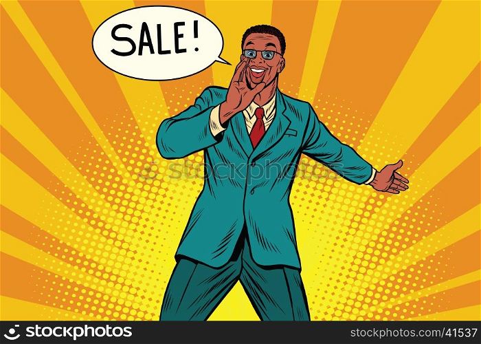 sale businessman promoter, pop art retro comic book illustration. Discounts in shops. Man advertises shopping. African American people