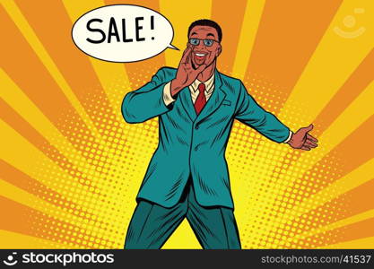 sale businessman promoter, pop art retro comic book illustration. Discounts in shops. Man advertises shopping. African American people