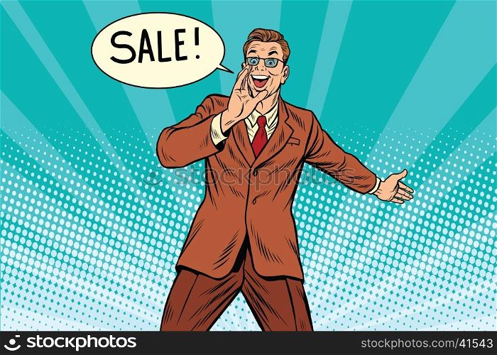 sale businessman promoter, pop art retro comic book illustration. Discounts in shops. Man advertises shopping