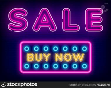Sale buy now vector. Web design of online shop. Neon sign with text and decorative dots. Coupon for clients and shoppers. Shopping symbols to catch attention. Shiny font flat style illustration. Sale Buy Now Button, Discount Neon Sign Vector