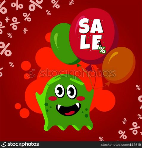 Sale card with cute monster. Promotion balloon shopping discount banner. Vector illustration. Sale card with cute monster. Promotion balloon shopping discount banner