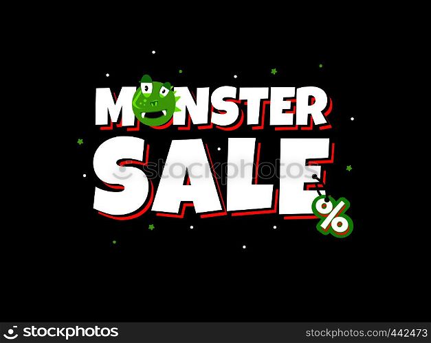 Sale card with cute monster. Promotion typography design monster sale, shopping business and discount, vector illustration. Sale card with cute monster. Promotion typography design
