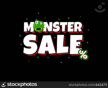 Sale card with cute monster. Promotion typography design monster sale, shopping business and discount, vector illustration. Sale card with cute monster. Promotion typography design