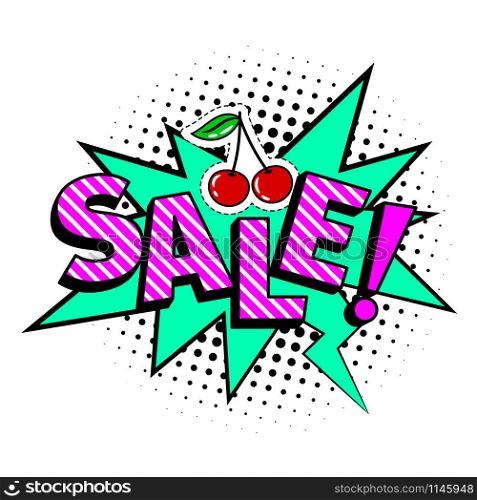 Sale cartoon patch, pop art style coloful icon with cherry and exclamation mark, vector illustration. Sale cartoon icon