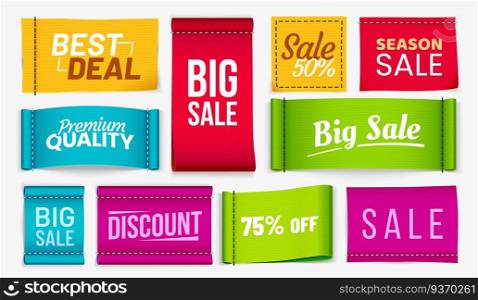 Sale clothes labels. Discount fabric tag, best deal coupons fabrics label and season sale textile tags. Merchandise promotion badge or discount coupon. Realistic isolated vector signs set. Sale clothes labels. Discount fabric tag, best deal coupons fabrics label and season sale textile tags realistic vector set