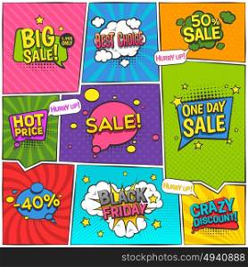 Sale Comic Page Design. Sale comic page design with discount symbols flat isolated vector illustration