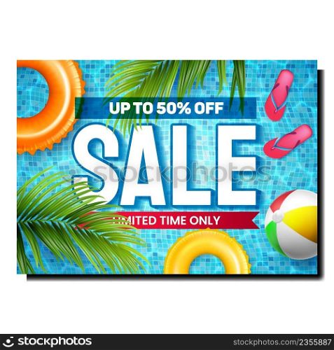 Sale Commercial Creative Promotion Banner Vector. Summer Sale For Selling Slippers, Inflatable Lifebuoy And Ball For Resting At Swimming Pool Advertising Poster. Style Concept Template Illustration. Sale Commercial Creative Promotion Banner Vector
