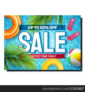 Sale Commercial Creative Promotion Banner Vector. Summer Sale For Selling Slippers, Inflatable Lifebuoy And Ball For Resting At Swimming Pool Advertising Poster. Style Concept Template Illustration. Sale Commercial Creative Promotion Banner Vector