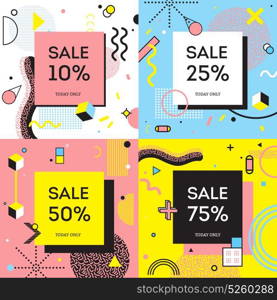 Sale Concept Memphis Style. Sale concept in memphis style with percentage of discount on background with geometric shapes isolated vector illustration