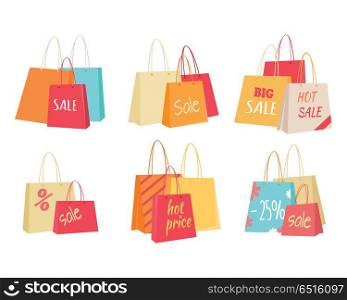 Sale Concepts with Paper Bags illustrations Set. Big sale in clothing store. Color shopping paper bags with sales advertising text flat vector illustrations set isolated on white background. Black friday. For seasonal discounts and promotions. Sale Concepts with Paper Bags illustrations Set