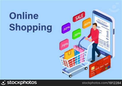 Sale, consumerism and people concept. Young man shop online Landing page template. 3d isometric. Vector illustration in flat style.. Sale, consumerism and people concept.