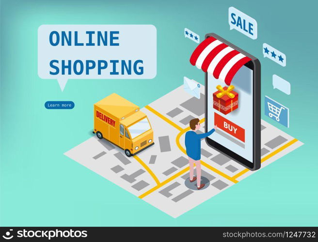 Sale, consumerism and people concept. Young man shop online using smartphone. Landing page template. 3d vector isometric illustration.. Online shopping, express delivery service, courier service. Isometric design smartphone buyer orders goods, delivery truck, city map, transport logistics. Mobile applications technology. Template, poster, banner, vector, illustration