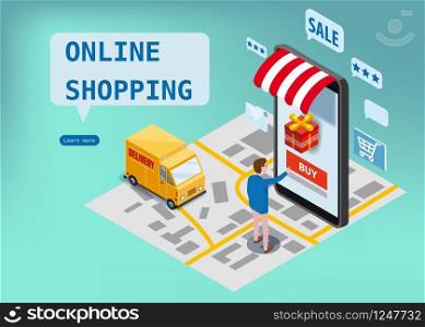 Sale, consumerism and people concept. Young man shop online using smartphone. Landing page template. 3d vector isometric illustration.. Online shopping, express delivery service, courier service. Isometric design smartphone buyer orders goods, delivery truck, city map, transport logistics. Mobile applications technology. Template, poster, banner, vector, illustration