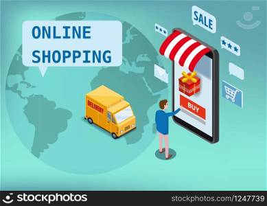 Sale, consumerism and people concept. Young man shop online using smartphone. Landing page template. 3d vector isometric illustration.. Online shopping, express delivery service, courier service. Isometric design smartphone buyer orders goods, delivery truck, world map, transport logistics. Mobile applications technology. Landing page template, poster, banner, vector, illustration