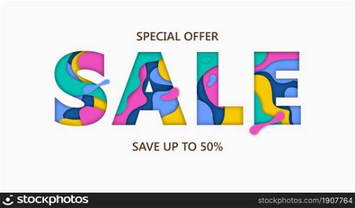 Sale design with abstract shapes . Vector illustration. Colorful template for business event. Paper cut. Sale design with abstract shapes
