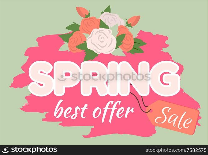 Sale, discount and best offer, label for springtime promotion and advertising, daisy bouquet. Advertisement decorated by flowers, greeting for ladies vector. Early spring and summer flower for wedding. Springtime Label with Flowers, Web Offer Vector