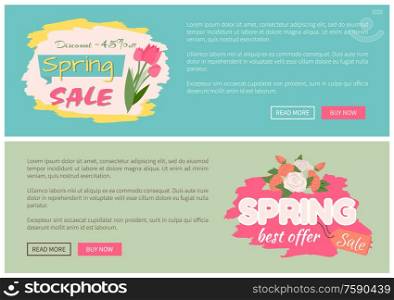 Sale, discount and best offer, label for springtime promotion and advertising, daisy bouquet. Advertisement decorated by flowers, greeting for ladies vector. Website with links buy and read now. Springtime Label with Flowers, Web Offer Vector