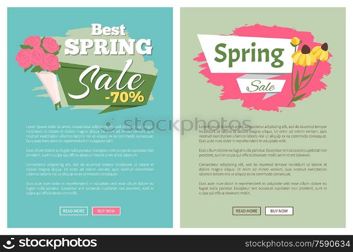 Sale, discount and best offer, label for springtime promotion and advertising, daisy bouquet. Advertisement decorated by flowers, greeting for ladies vector. Website with links buy and read now. Springtime Label with Flowers, Web Offer Vector