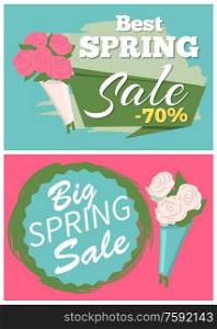 Sale, discount and best offer, label for springtime promotion and advertising, daisy bouquet. Advertisement decorated by flowers, greeting for ladies vector. Early spring and summer flower for wedding. Springtime Label with Flowers, Web Offer Vector