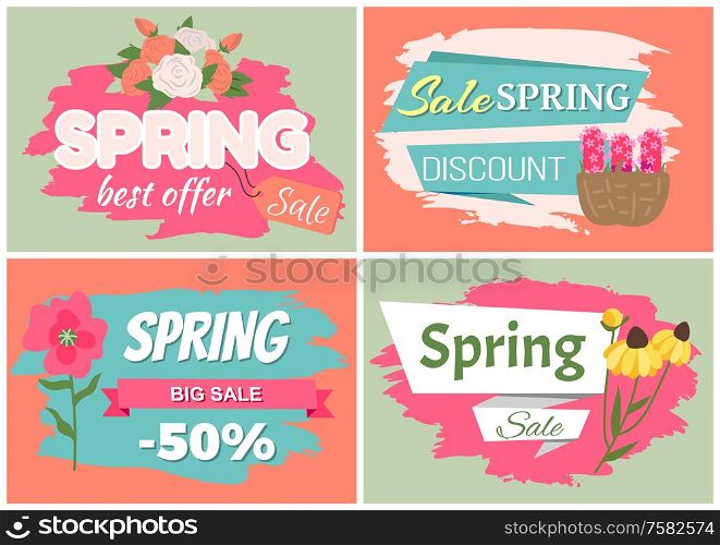 Sale, discount and best offer, label with rose, lilac and violet, daisy bouquet. Advertisement decorated by flowers, greeting for ladies vector. Early spring and summer flower for wedding. Springtime Label with Flowers, Web Offer Vector