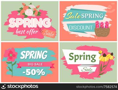 Sale, discount and best offer, label with rose, lilac and violet, daisy bouquet. Advertisement decorated by flowers, greeting for ladies vector. Early spring and summer flower for wedding. Springtime Label with Flowers, Web Offer Vector