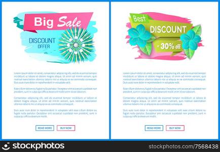 Sale discount offer price tags with abstract snowdrop and dandelion on web posters with text sample. Vector landing pages template, buttons buy now and read more. Sale Discount Offer Price Tags, Abstract Snowdrop