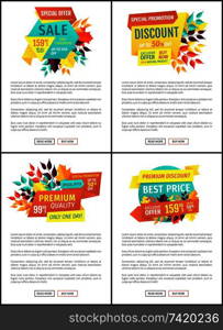 Sale discount premium quality natural products only one day. Posters set with banners autumnal proposals off price seasonal shopping reduction vector. Sale Discount Premium Quality Vector Illustration