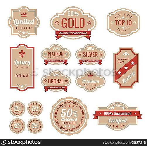 Sale discount RETRO labels. Old Design Stickers pack. Premium, Gold, Silver, Bronze Vintage Labels. Retro logo template. Trendy design. High quality.