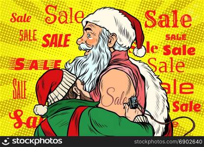 Sale, elf makes Santa Claus tattoo. Pop art retro vector Illustrator. Sale, elf makes Santa Claus tattoo