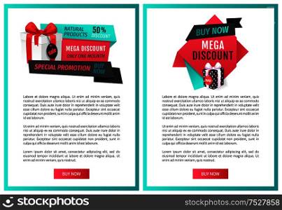 Sale emblems with gift boxes, price tags on vector web pages with text samples. Fixed cost, mega discounts, vector labels and push button on posters. Sale Emblems with Gift Boxes Price Tags Vector Web