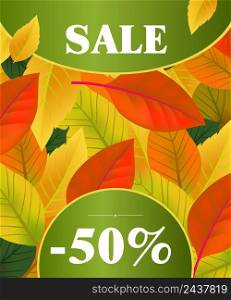 Sale fifty percent lettering. Modern inscription in circle frames in colorful leaf background. Illustration with lettering can be used for banner, posters and leaflets