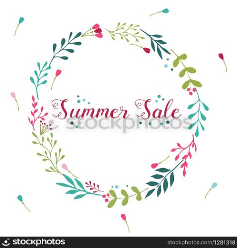 Sale floral wreath with hand drawn elements ant text. Summer Sale floral wreath with hand drawn elements