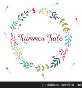 Sale floral wreath with hand drawn elements ant text. Summer Sale floral wreath with hand drawn elements