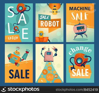 Sale flyers set with cartoon robots. Machines, cyborgs, electronic assistants vector illustrations with text. Robotics and machinery club concept for retail posters and leaflets design