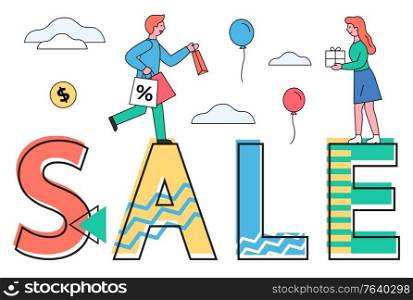 Sale for shoppers vector, proposition for clients. Man and woman holding paper bags, people returning from shops. Balloon flying near text sale, female with present in hands line flat style. Sale Man and Woman Shopping for Holidays Vector