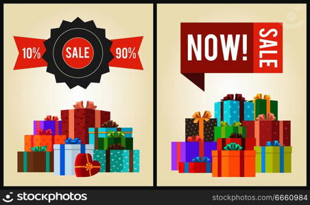 Sale from 10% to 90% buy now promo labels with piles of gift boxes vector illustration posters with mountains of presents in decorative paper. Sale from 10 to 90% Buy Now Promo Label Gift Boxes