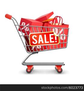 Sale Full Shopping Cart Red Pictogram. Self-service department store shopping trolley cart full with red discount boxes on season sale flat vector illustration