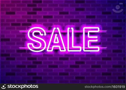 SALE glowing neon l&sign. Realistic vector illustration. Purple brick wall, violet glow, metal holders.. SALE glowing purple neon l&sign