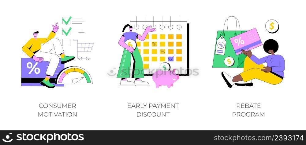 Sale growth strategy abstract concept vector illustration set. Consumer motivation, early payment discount, rebate program, customer loyalty, sales invoice, discount coupon abstract metaphor.. Sale growth strategy abstract concept vector illustrations.