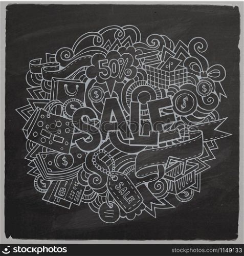 Sale hand lettering and doodles elements and symbols background. Vector chalkboard hand drawn illustration