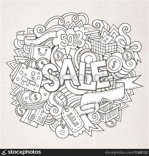Sale hand lettering and doodles elements and symbols background. Vector hand drawn illustration