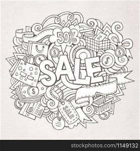 Sale hand lettering and doodles elements and symbols background. Vector hand drawn illustration