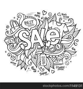 Sale hand lettering and doodles elements background. Vector illustration. Sale hand lettering and doodles elements