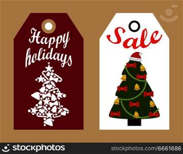 Sale happy holidays decorative tags with New Year Christmas trees hanging badges, shopping promotional labels announcements about discounts vector. Sale Happy Holidays Decorative Tags New Year Trees