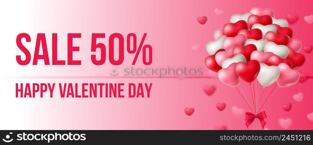 Sale, Happy Valentine Day lettering with bunch of balloons. Saint Valentines Day offer or sale advertising design. Typed text, calligraphy. For leaflets, brochures, invitations, posters or banners.