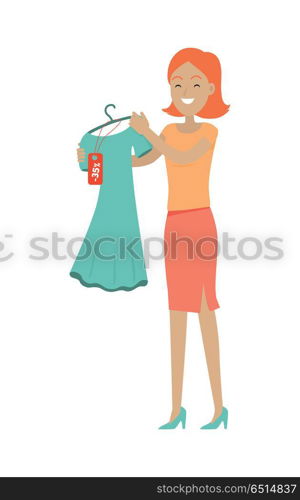 Sale in Clothing Store Flat Vector Concept. Discounts in clothing store concept. Smiling woman standing with dress bought on sale flat vector illustration isolated on white background. Shopping on holiday sellout. For shop promotions ad. Sale in Clothing Store Flat Vector Concept