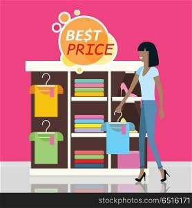 Sale in clothing store vector concept. Flat design. Smiling young woman standing near shelves with clothes, best price sticker above. Shopping in boutique. For For store goods sales and discounts ad. Sale in Clothing Store Flat Design Vector Concept . Sale in Clothing Store Flat Design Vector Concept