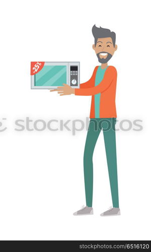 Sale in Electronics Store Flat Vector Concept. Discounts in electronics store concept. Smiling man standing with microwave bought on sale flat vector illustration on white background. Shopping on home appliances sellout. For shop promotions ad. Sale in Electronics Store Flat Vector Concept