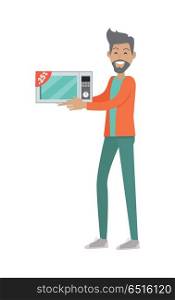 Sale in Electronics Store Flat Vector Concept. Discounts in electronics store concept. Smiling man standing with microwave bought on sale flat vector illustration on white background. Shopping on home appliances sellout. For shop promotions ad. Sale in Electronics Store Flat Vector Concept
