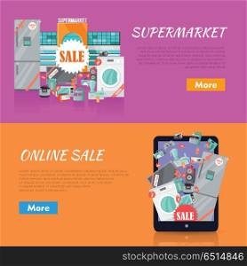 Sale in Electronics Store Vector Web Banners. Sale in electronics store web banners set. Collection of home appliances with discounts stickers near store building and on tablet screen. Supermarket and online sale horizontal concepts for shop ad. Sale in Electronics Store Vector Web Banners